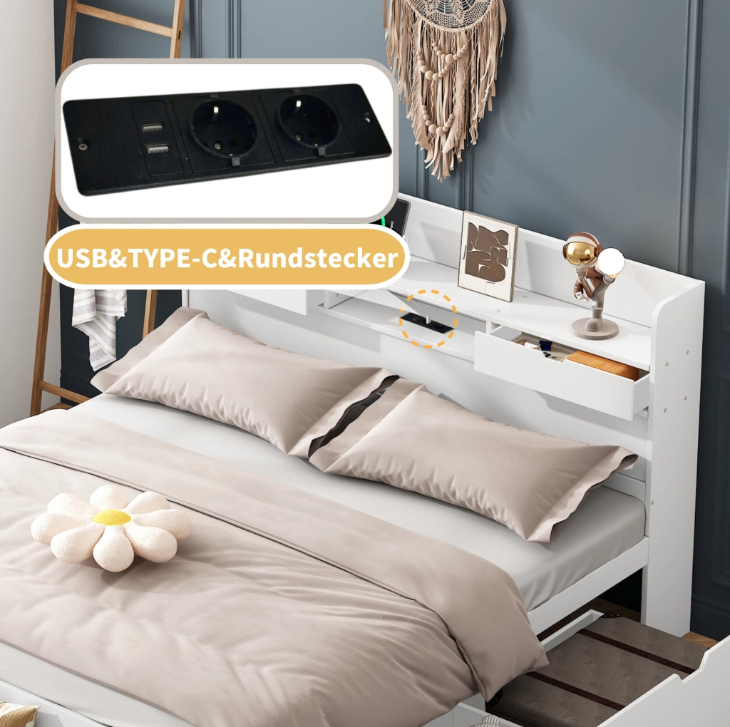 Letto multifunzione 140x190 cm con prese e cassetti bianco