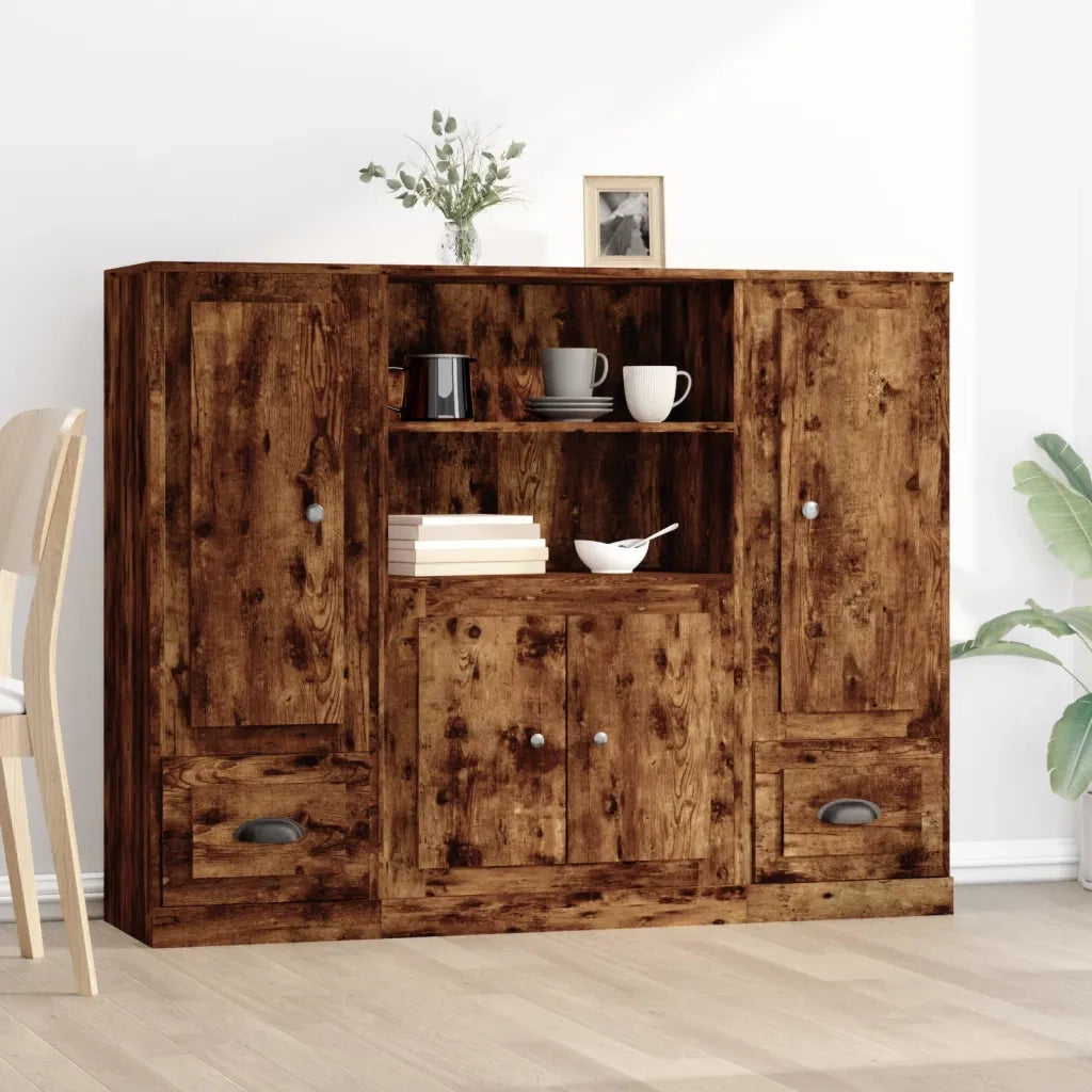 Credenze 3 pz | Madia | Buffet da pranzo | Armadio da pranzo Rovere Fumo in Legno Multistrato