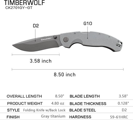 Coltello pieghevole con lama in acciaio D2 da 3,6 pollici bordo liscio blocco posteriore maniglia G10 grigio titanio