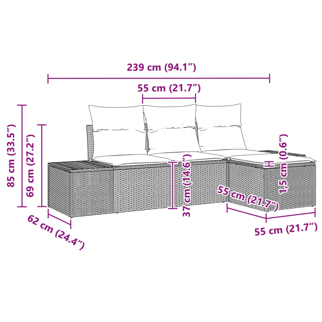 Set di divani da giardino a 4 pezzi con cuscini in polyrattan grigio chiaro
