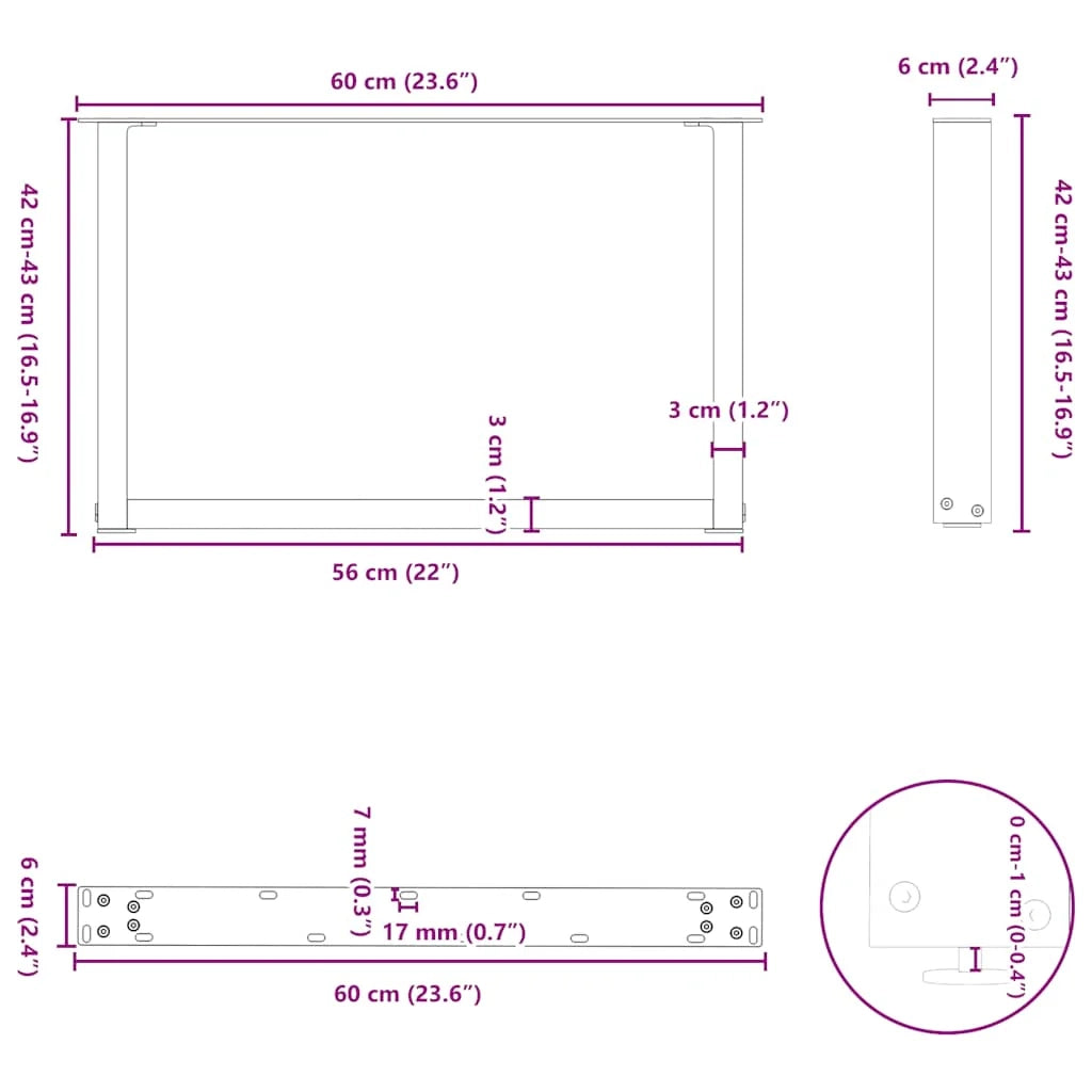 Set di 2 gambe regolabili per tavolino da caffè a forma di U 60 x 43 cm stile estetico moderno acciaio naturale 02_0057403