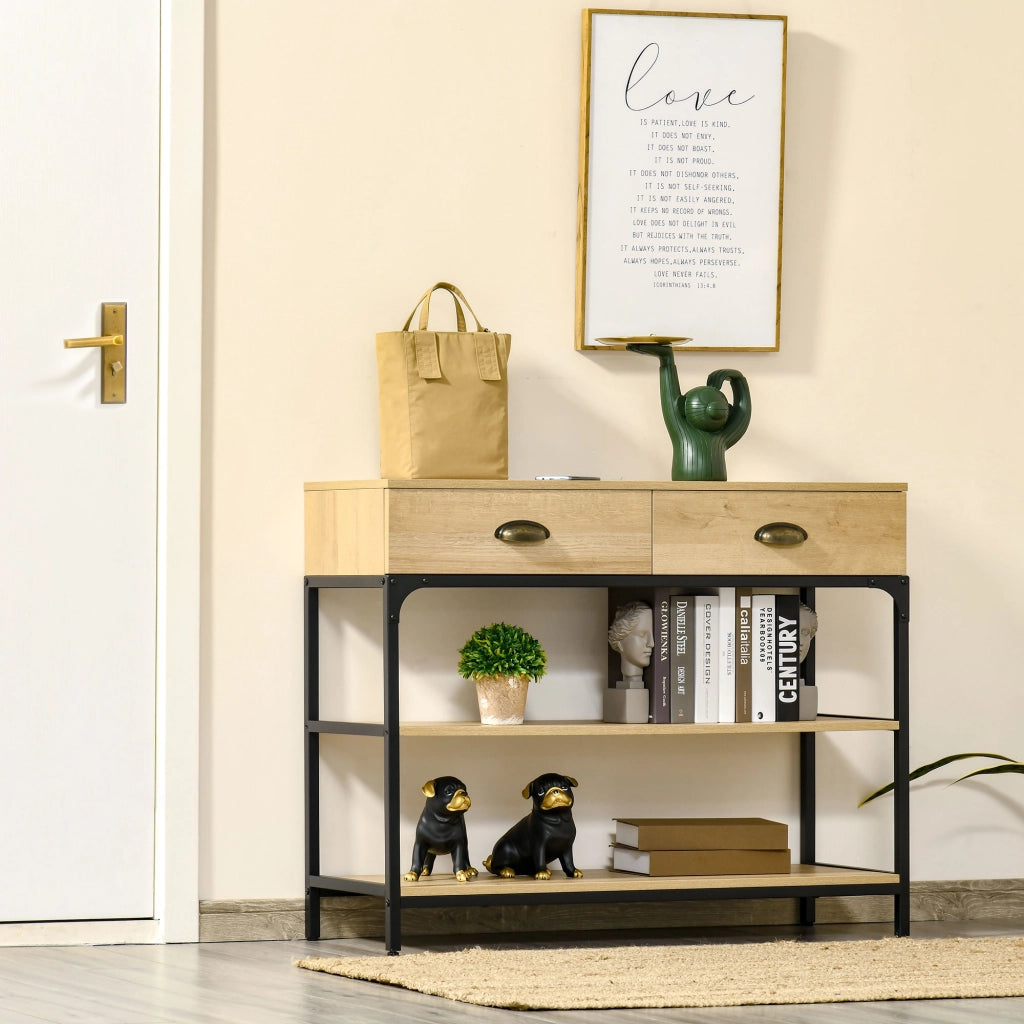 Tavolo da ingresso con 2 cassetti e 2 ripiani ¨C Zephmum ¨C 100x35x79 cm effetto rovere
