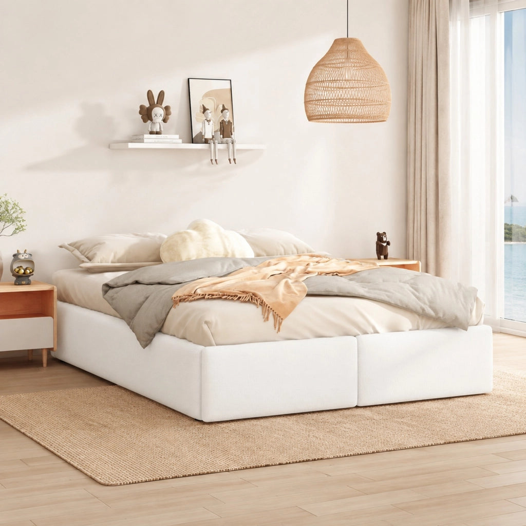 Letto imbottito 140x200 cm senza testiera con contenitore idraulico; 2 cassetti; bianco