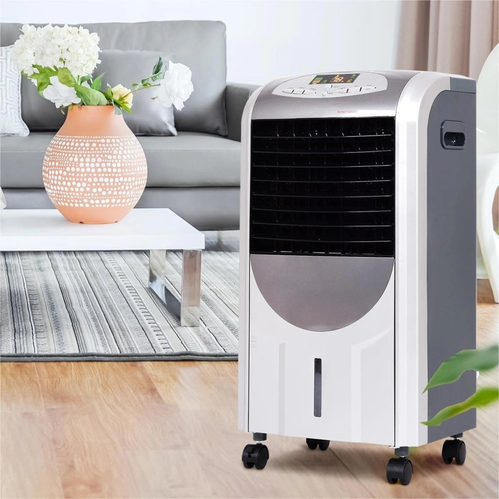 Ventilatore Portatile, 5 in 1 Ventilatore, Umidificatore, Purificatore d'Aria, Raffreddatore d'Aria, Timer 15H, 3 Modalità & 3 Velocità, Telecomando, 2 Confezioni di Raffreddamento