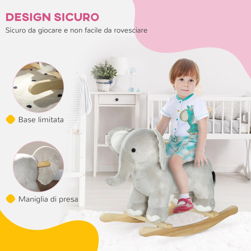 Cavallo a Dondolo per Bambini in Legno e Peluche Elefante Grigio