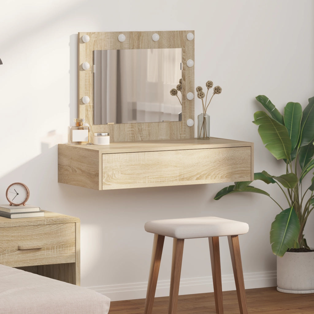 Tavolo da trucco a parete con luci LED in rovere Sonoma