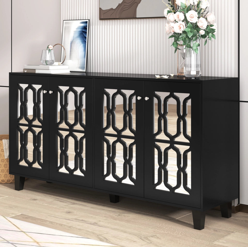 Credenza nera a specchio 160 cm con 4 ante e ripiani mobili