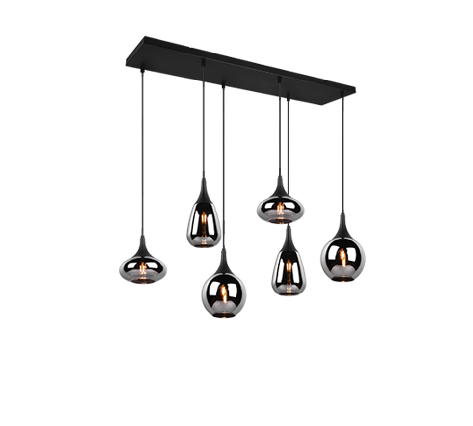 Lampada a sospensione 6 diffusori, metallo, nero e fumé, L 85 cm, Lumina