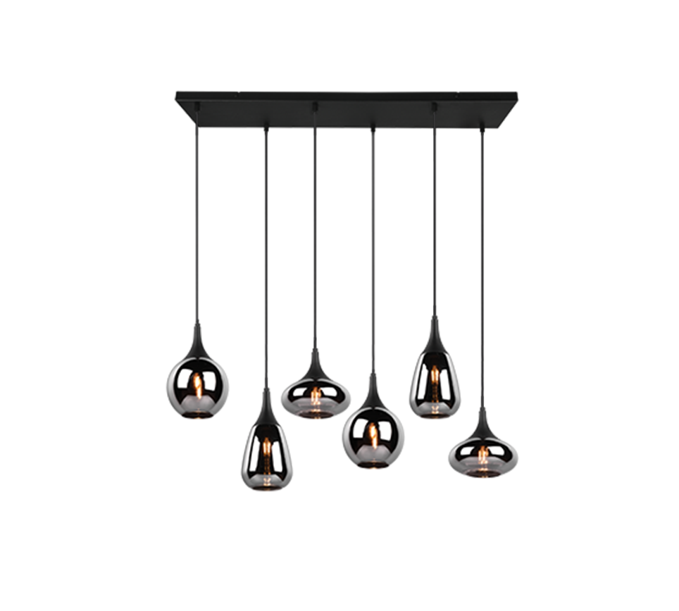 Lampada a sospensione 6 diffusori, metallo, nero e fumé, L 85 cm, Lumina