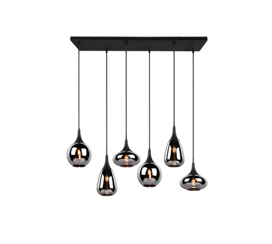 Lampada a sospensione 6 diffusori, metallo, nero e fumé, L 85 cm, Lumina