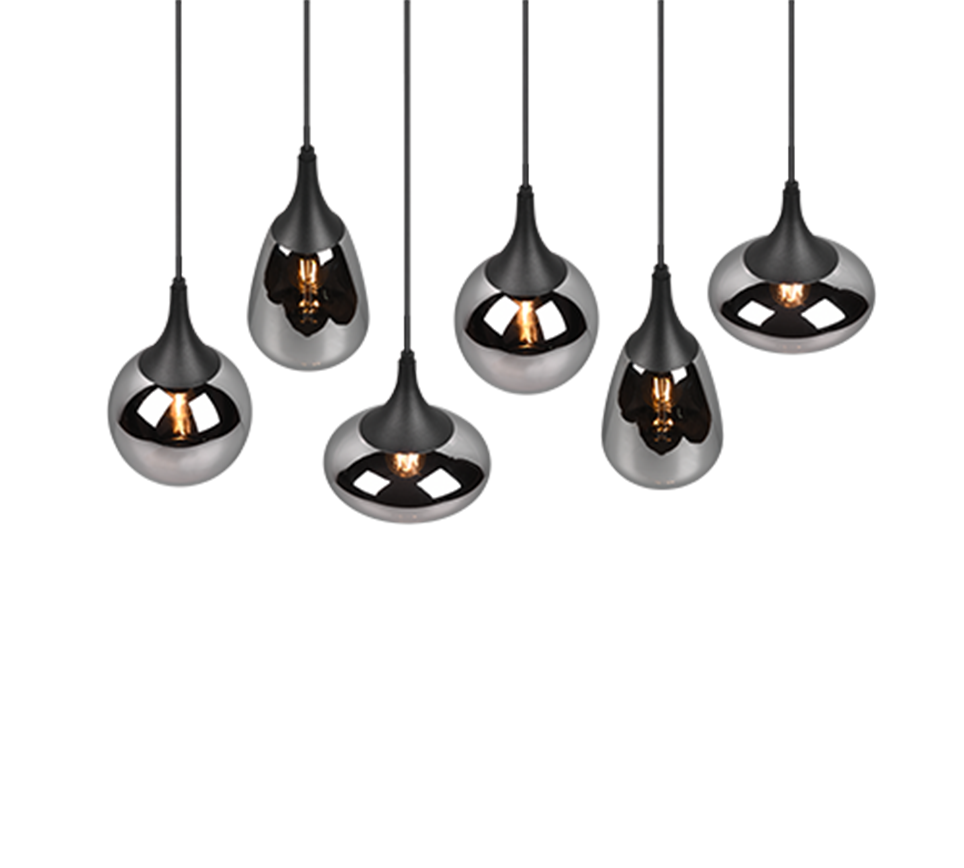 Lampada a sospensione 6 diffusori, metallo, nero e fumé, L 85 cm, Lumina