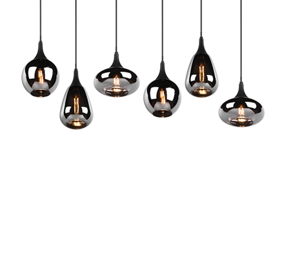 Lampada a sospensione 6 diffusori, metallo, nero e fumé, L 85 cm, Lumina