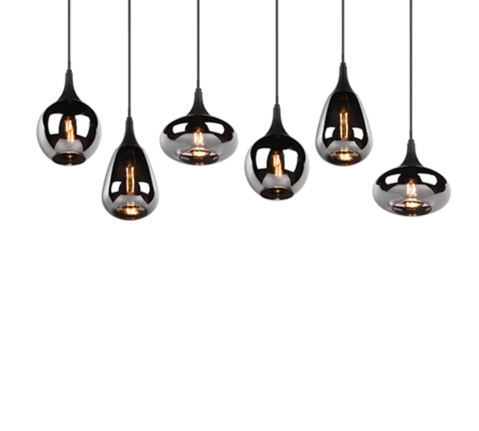 Lampada a sospensione 6 diffusori, metallo, nero e fumé, L 85 cm, Lumina
