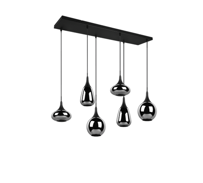 Lampada a sospensione 6 diffusori, metallo, nero e fumé, L 85 cm, Lumina