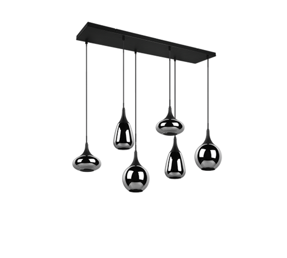Lampada a sospensione 6 diffusori, metallo, nero e fumé, L 85 cm, Lumina