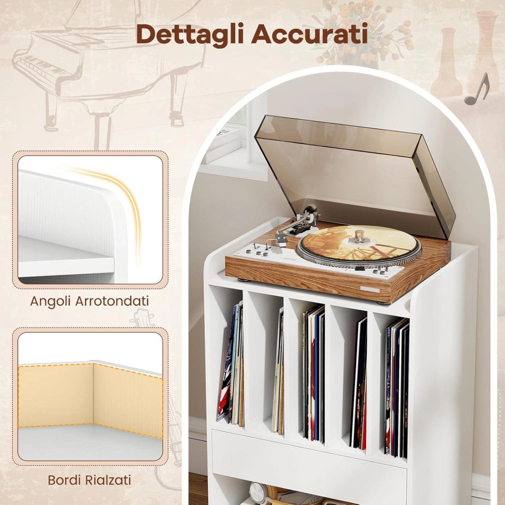 Mobile Porta Vinili con 4 Ruote Universali, Porta Dischi Vinile con Cassetto, Scomparto Aperto e Gancio Rimovibile, Mobile Giradischi Salvaspazio per Studio, Ufficio e Soggiorno (Bianco)