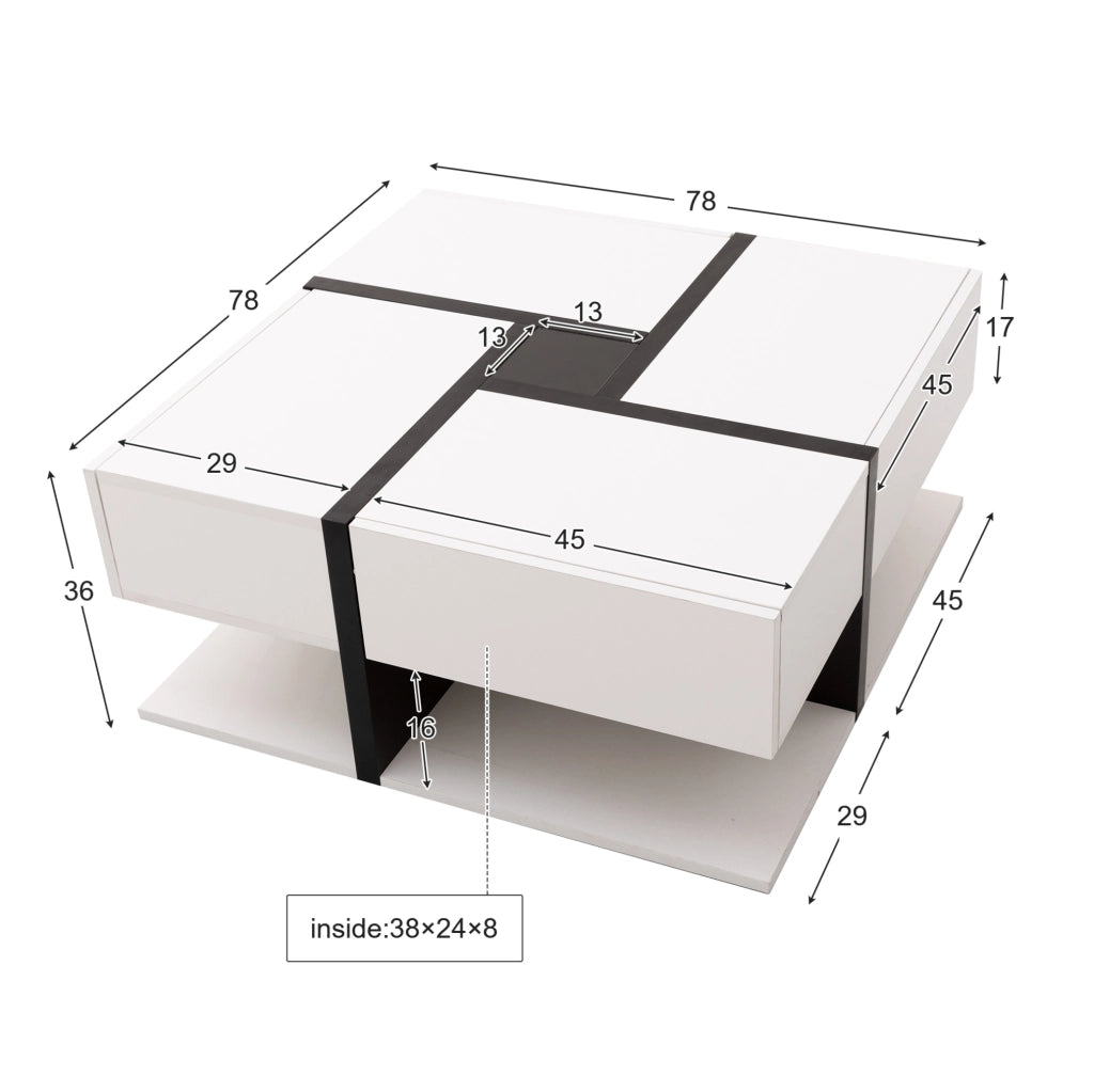 Tavolino da caffè quadrato lucido 78x78x36 cm con 4 cassetti e ripiano inferiore; bianco