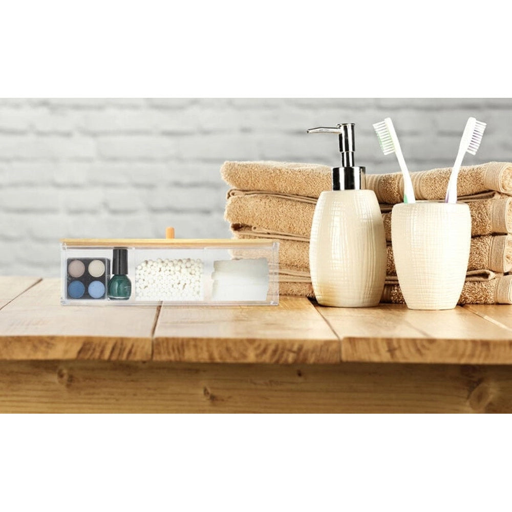 Trade Shop - Contenitore Organizer Per Cosmetici A 3 Scomparti Trasparente Con Coperchio In Legno 10827 -