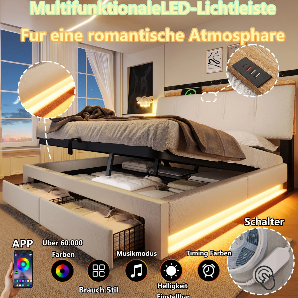 Letto imbottito con contenitore, USB e LED, 140 x 200 cm, beige