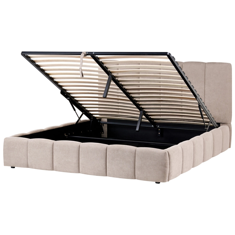 Letto matrimoniale contenitore con trapuntatura verticale in tessuto tortora 180x200 cm struttura sollevabile e testiera alta