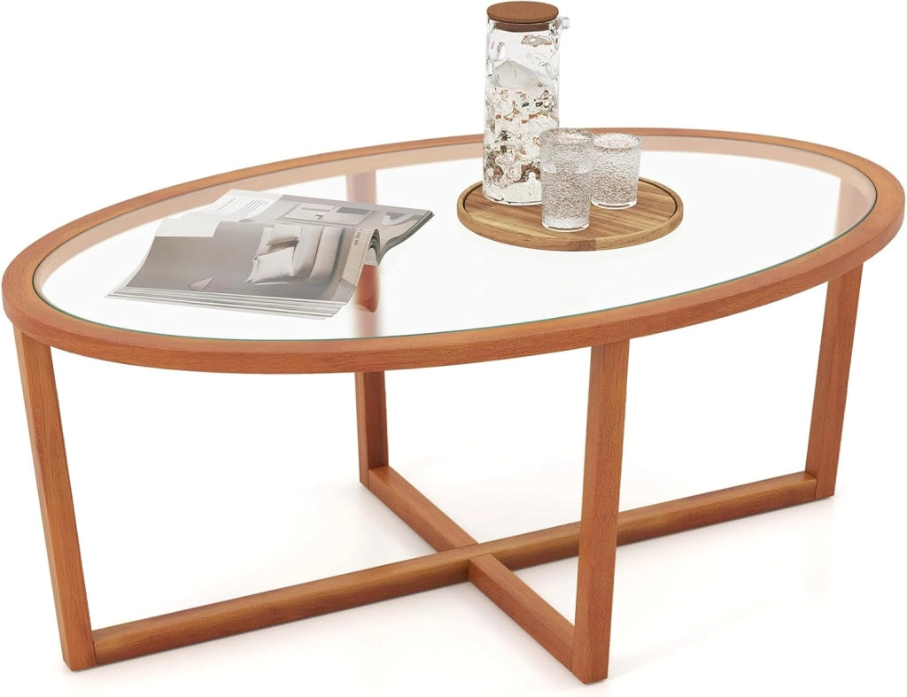 Tavolino da Caffè per Salotto, Tavolino Basso Ovale in Vetro Temperato e Legno di Acacia, Tavolino da Divano Moderno per Soggiorno, 118 x 71,5 x 47,5 cm, Naturale