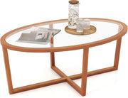 Tavolino da Caffè per Salotto, Tavolino Basso Ovale in Vetro Temperato e Legno di Acacia, Tavolino da Divano Moderno per Soggiorno, 118 x 71,5 x 47,5 cm, Naturale
