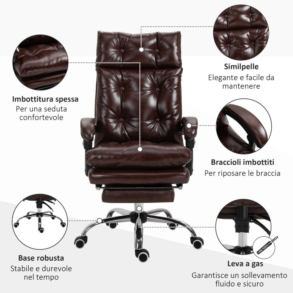 EasyComfort Sedia da Ufficio Ergonomica Presidenziale in Finta Pelle, Poltrona da Ufficio Girevole con Altezza Regolabile, Reclinabile 135° e Poggiapiedi Estraibile per Studio e Scrivania, Marrone