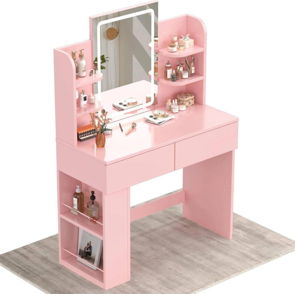Toeletta Trucco con Luci LED 3 con Luminosità Regolabile,Tavolo da Trucco con Specchio, Ripiani Regolabili, 2 Cassetti, in Legno,Moderno (Rosa, 90cm)