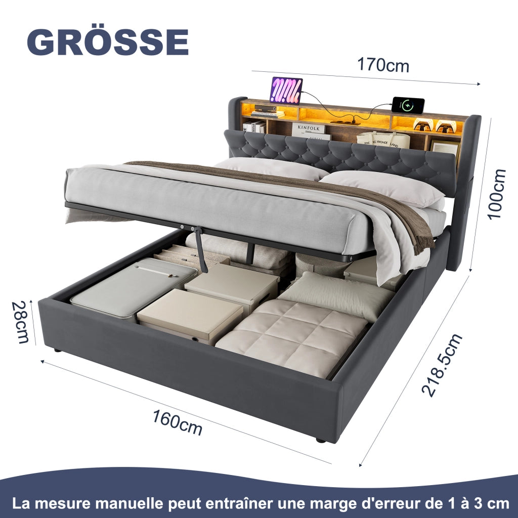 LETTO Imbottito 160 x 200 cm in Velluto Grigio Scuro con Contenitore