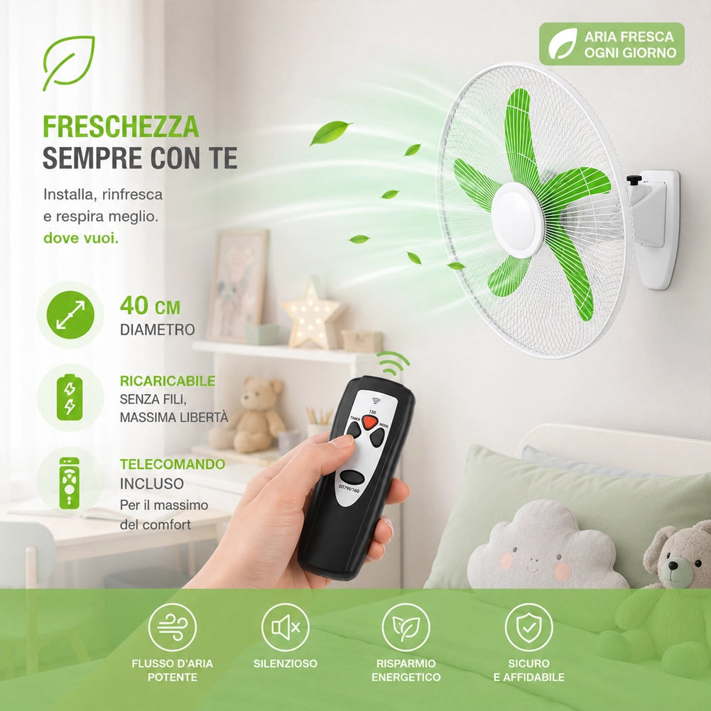 Ventilatore Ricaricabile 5 in 1 Telecomando da Parete Appoggio Piantana Soffitto