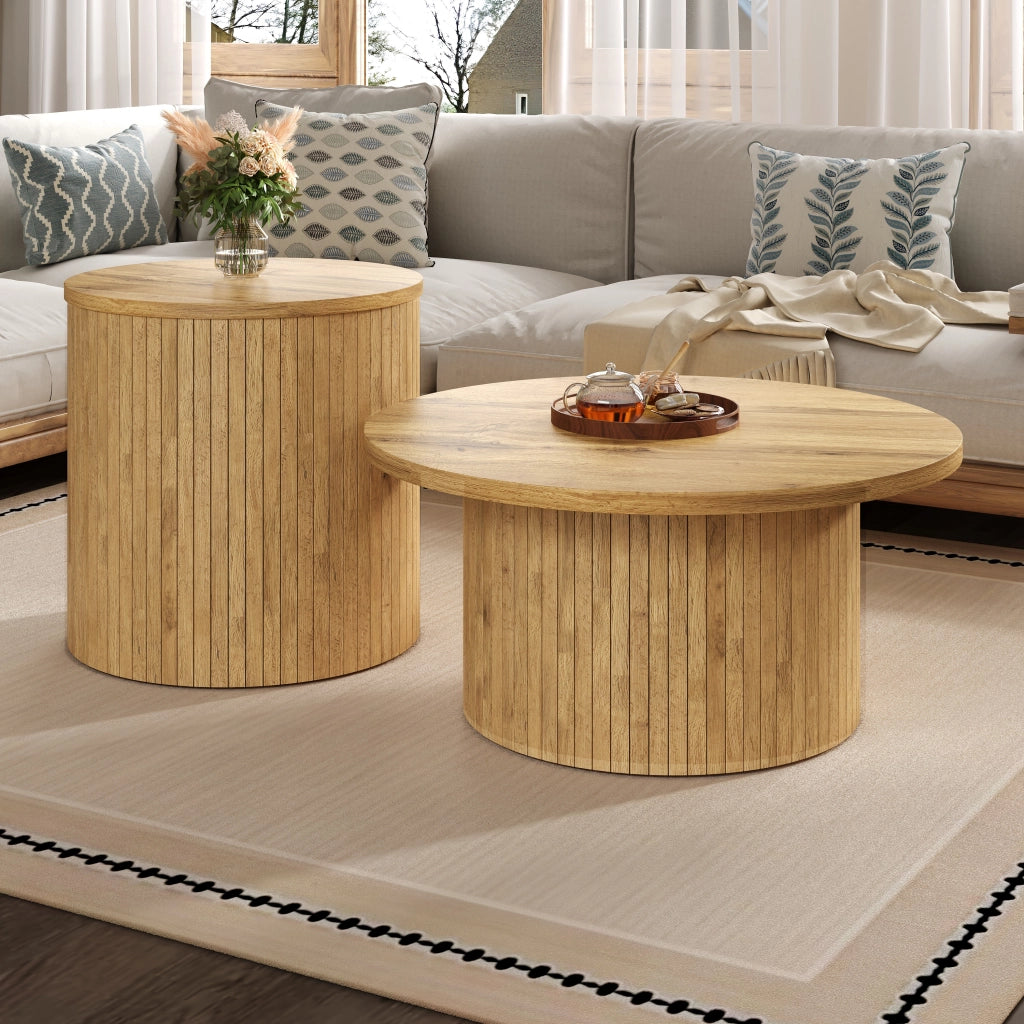 TAVOLINO da caffè rotondo Set da 2 pezzi MDF naturale 75x75x36+50x50x50,5 cm