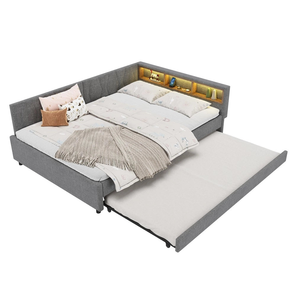 Letto Divano con Rete a Doghe, LED e USB ¨C MINIMAL ¨C Grigio, Tessuto, 140x200