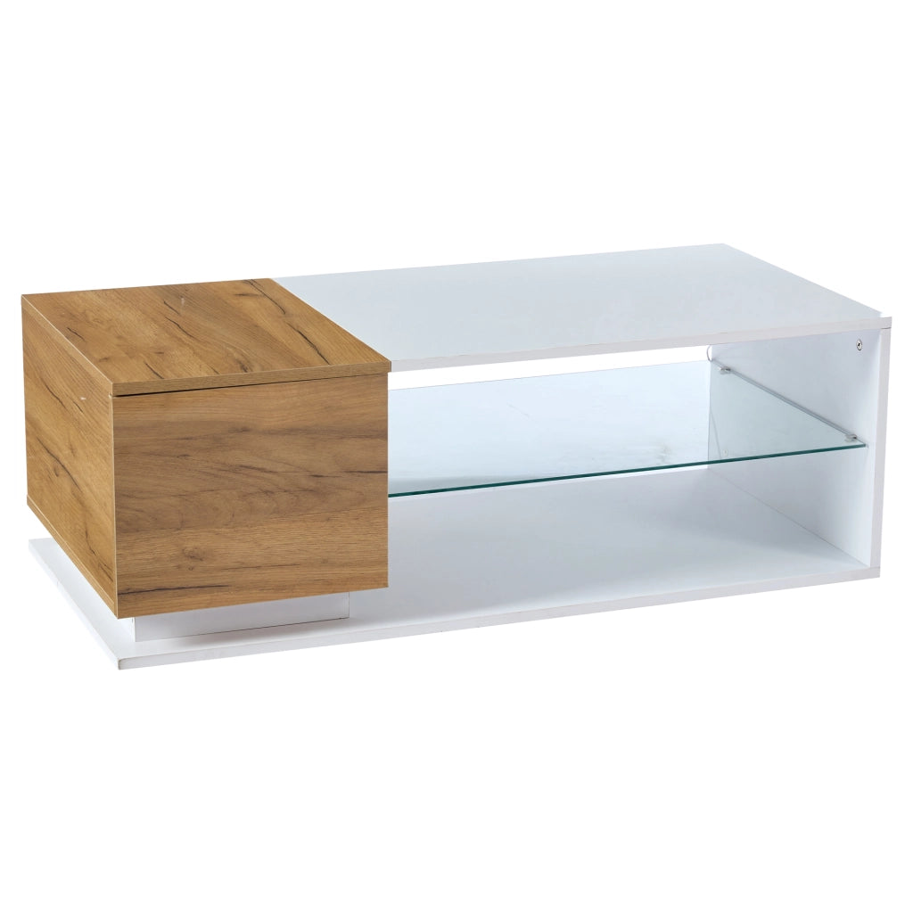 Tavolino da salotto LED con contenitore, finitura lucida, vetro temperato, 105x50x36 cm