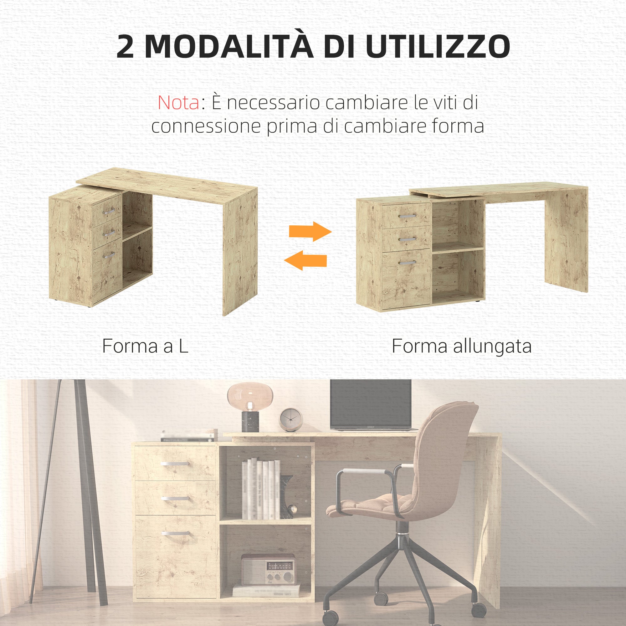 Scrivania da Ufficio Angolare 3 Cassetti e Ripiani Aperti 117x83,5x76 cm in Legno e Metallo Noce