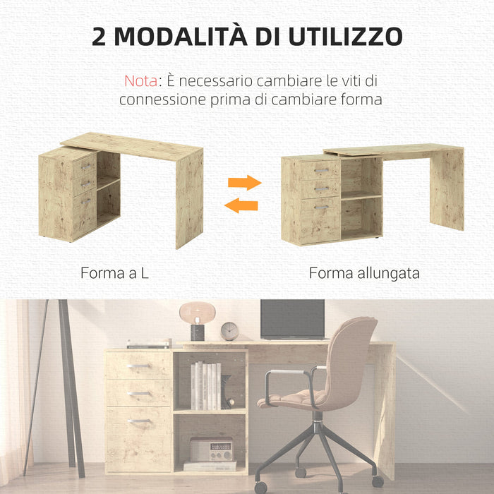 Scrivania da Ufficio Angolare 3 Cassetti e Ripiani Aperti 117x83,5x76 cm in Legno e Metallo Noce