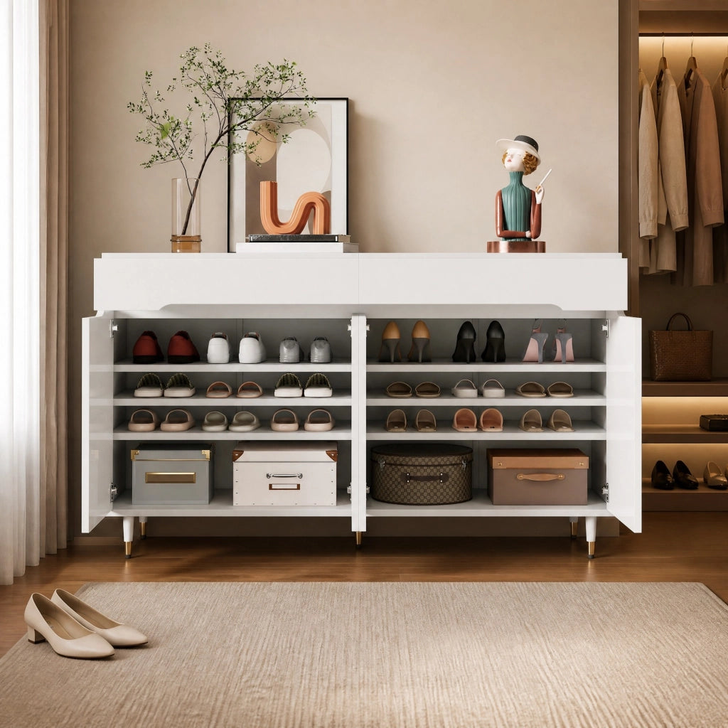 Armadio portascarpe moderno 140x39x84 cm bianco con gambe dorate; 2 cassetti e ripiani regolabili