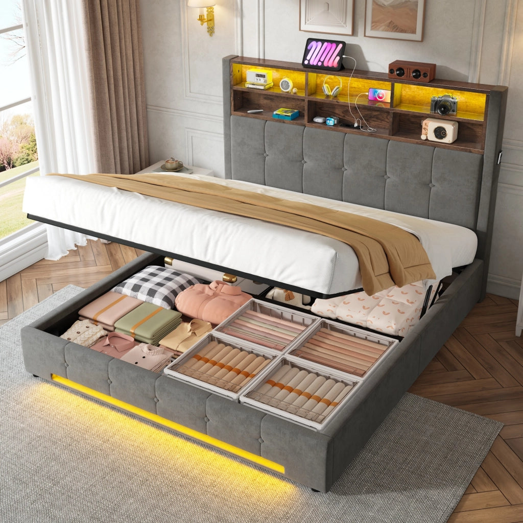 Letto Contenitore 160x200 cm; Matrimoniale - USB-C; LED e 6 Vani - Grigio Scuro