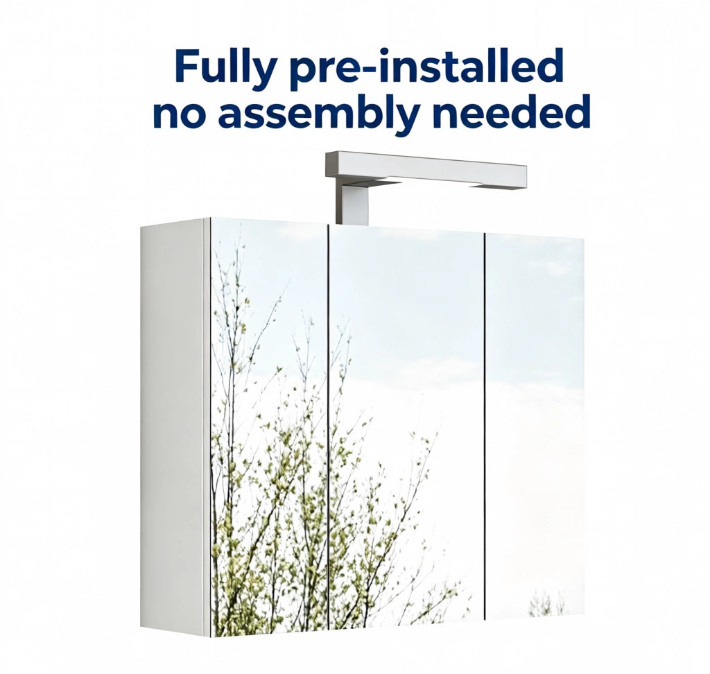 Mobile con specchio con 3 ante; LED e presa integrata; ripiani regolabili per bagno; in MDF e vetro; bianco; 60 cm