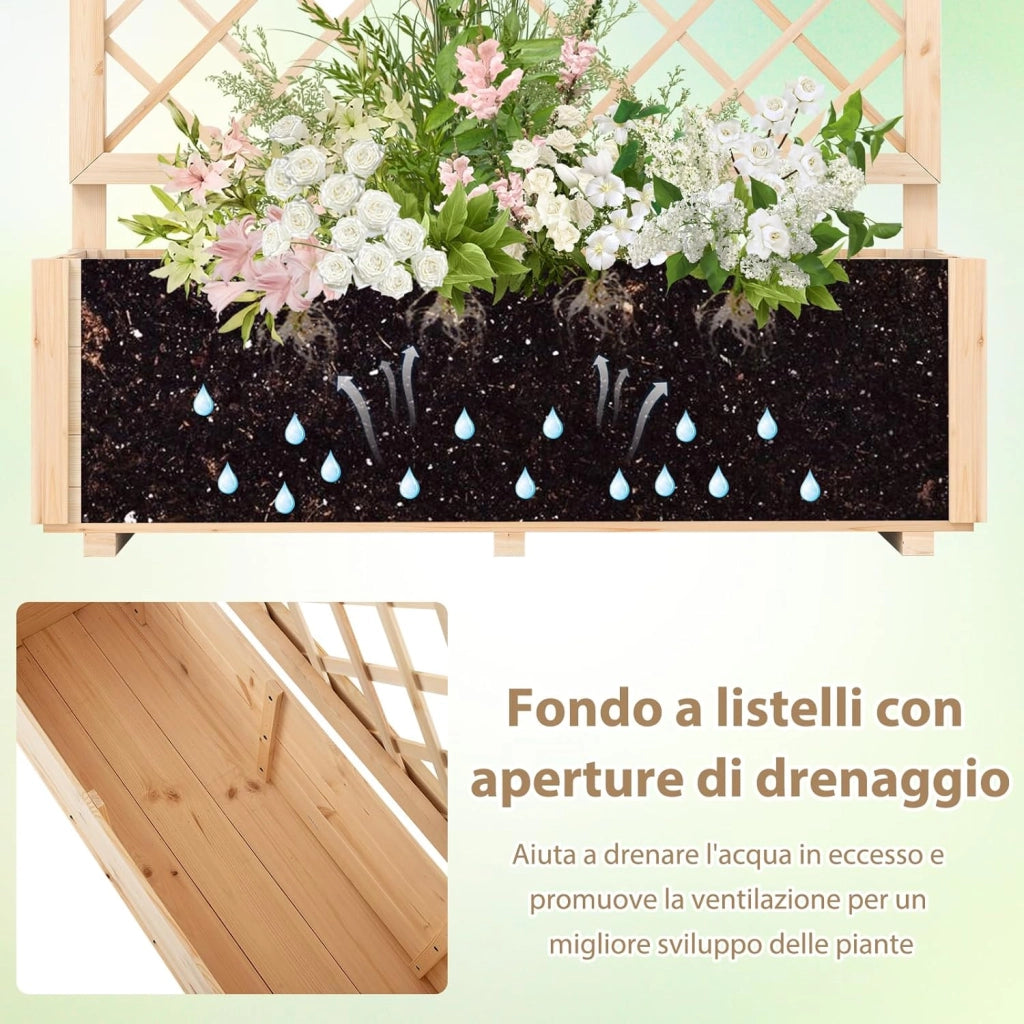 Fioriera con Traliccio, Letto da Giardino Rialzato con Grigliato e Fori di Drenaggio, Aiuola Elevata in Legno per Piante Rampicanti da Interno ed Esterno (98 x 35 x 101 cm)