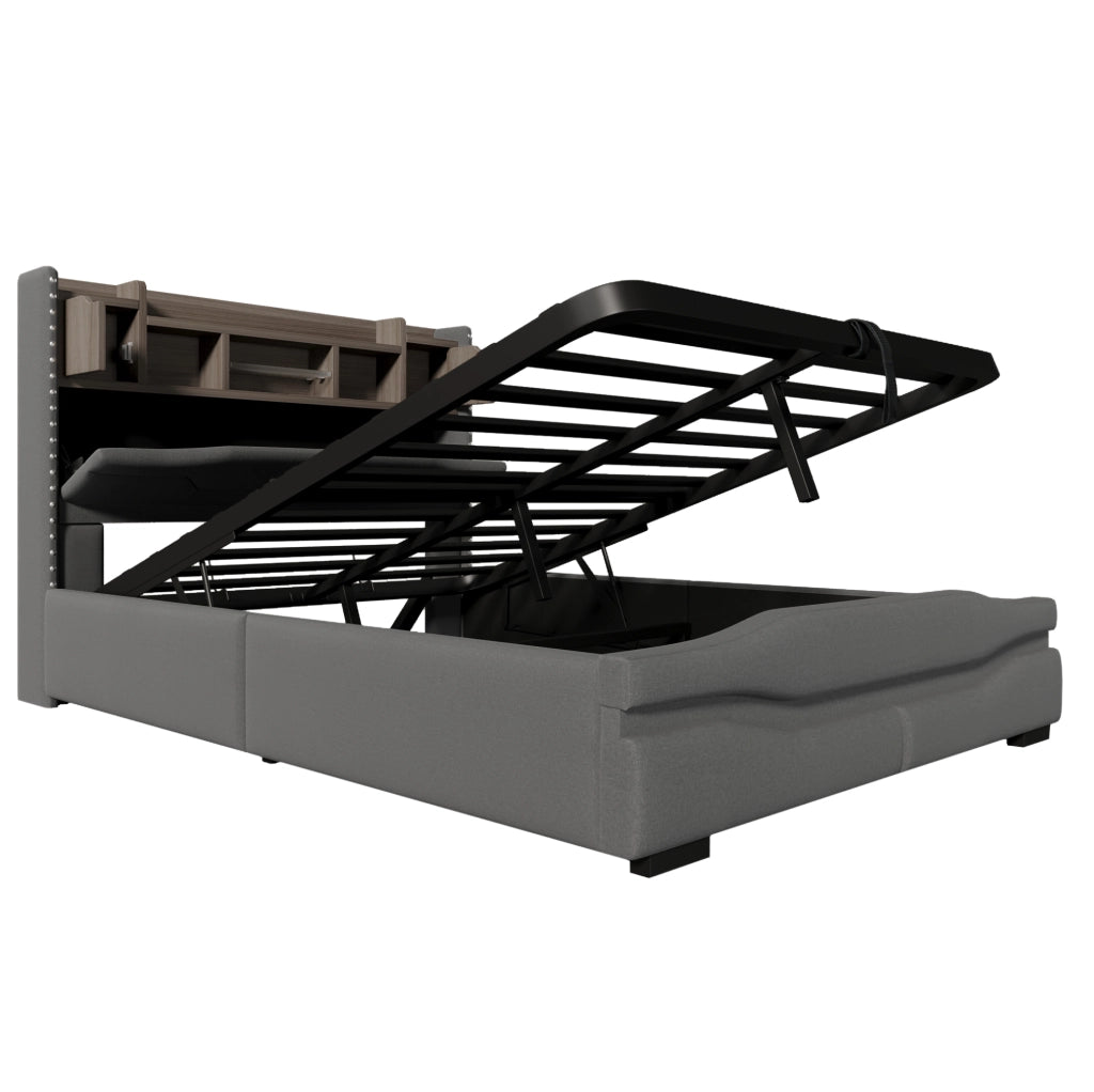 Letto imbottito 140x200 cm con contenitore idraulico, LED e prese USB/Type-C