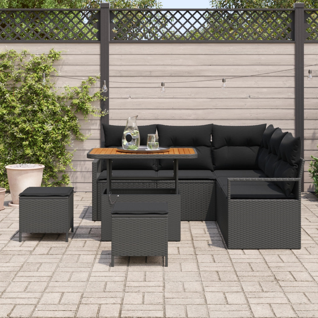 Set di Divano da Giardino 8 Pezzi con Cuscini Nero Polyrattan Acacia