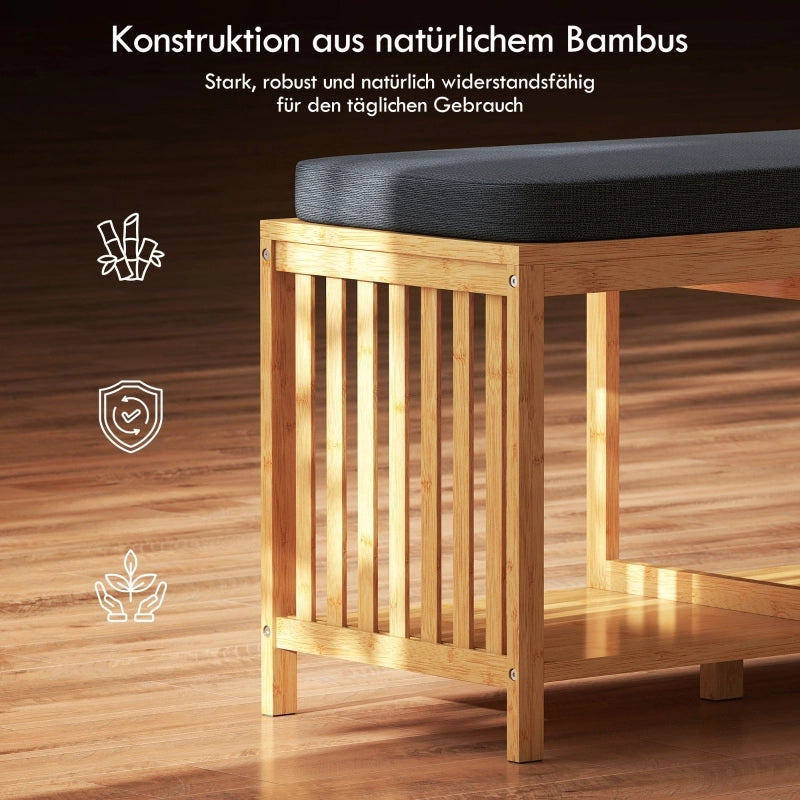 Panca contenitore panca scarpiera con cuscino imbottito e 3 scomparti, in Bambù, Natural Wood, 102 × 33 × 45 cm