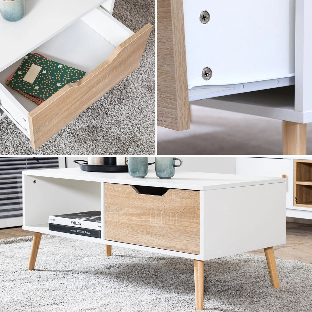 Tavolino FREJA bianco in stile scandinavo con cassetto