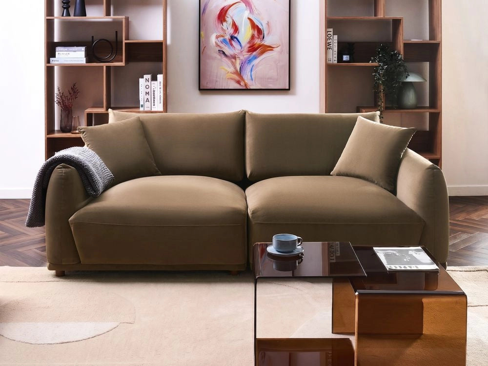 Divano a 3 posti in velluto marrone con cuscini decorativi e gambe in legno divano moderno per soggiorno