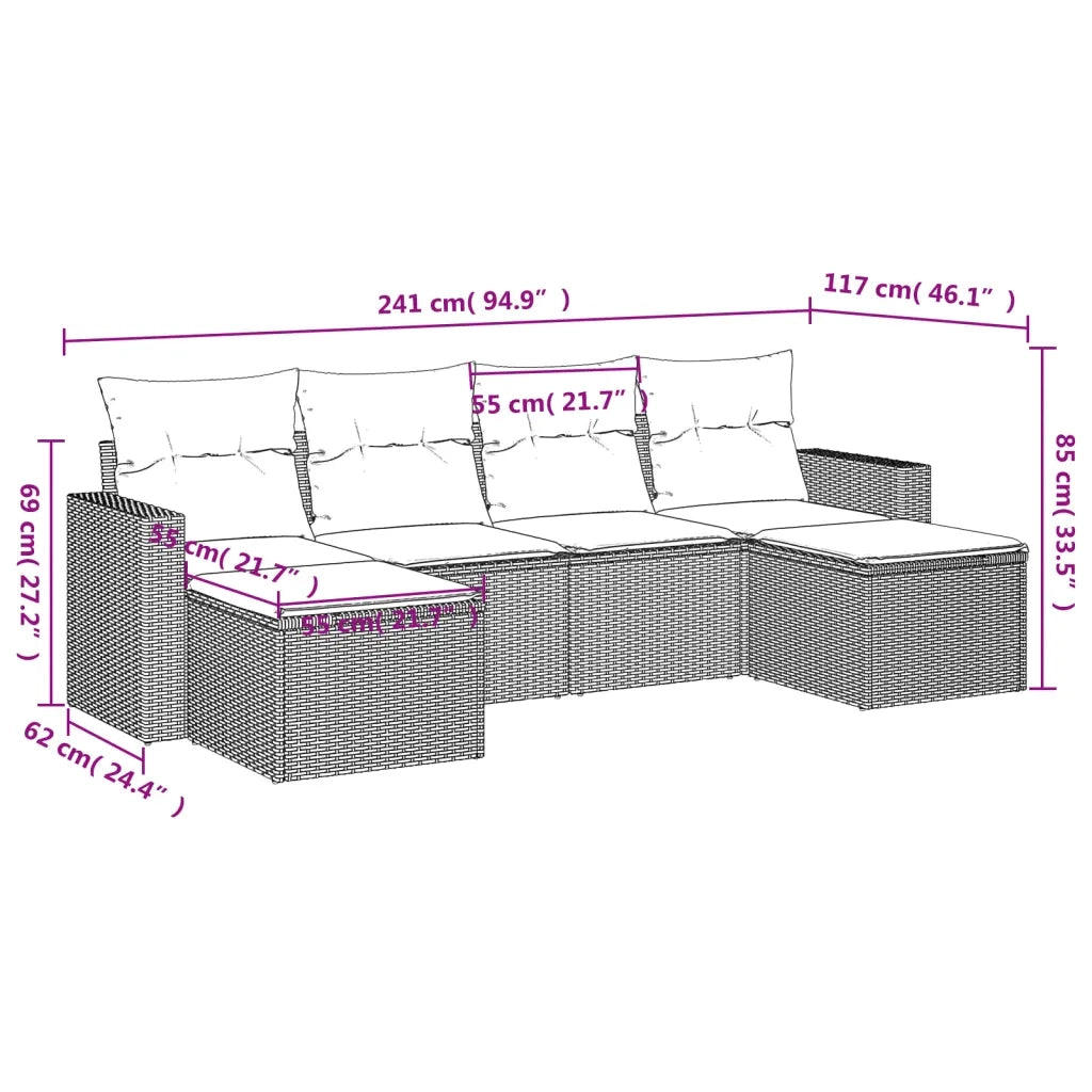 Set Divano da Giardino 6 pz con Cuscini Nero in Polyrattan 3219305