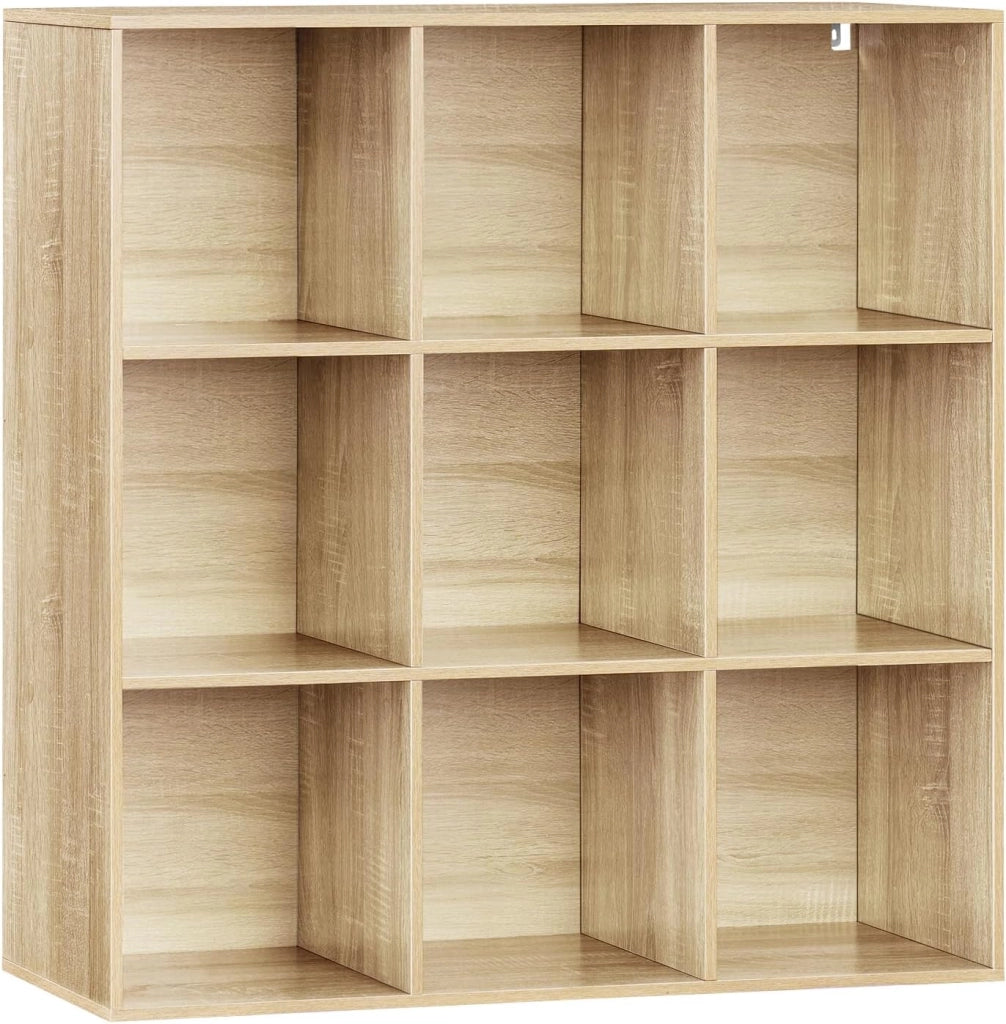 Libreria con 9 Scomparti, Libreria a Giorno, Scaffale a Cubo, Scaffale Divisorio in Piedi, per Ufficio, Soggiorno, Camera da Letto, 94x29,5x93 cm, Rovere Chiaro, SK048hei