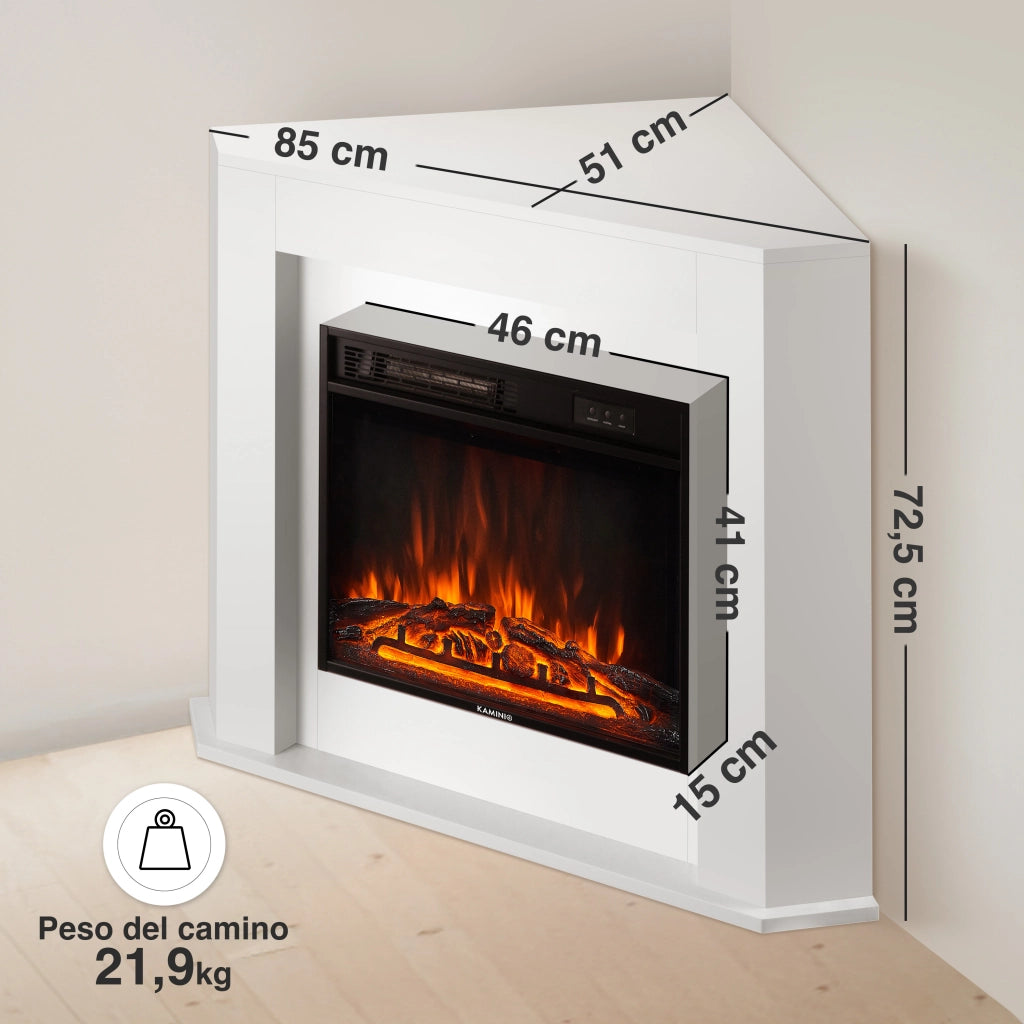 KAMINIO Camino elettrico MATTI - Caminetto ad angolo con riscaldamento, effetto fiamma 3D, luce ambiente a LED, telecomando - Angolo, Bianco