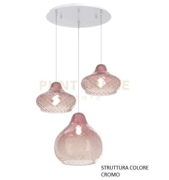 SOSP. CROMO 3 LUCI TONDA VETRI (2 X PICCOLO + 1 X GRANDE) TUTTI RUBINO 1191CR-S3 TMIX-RU