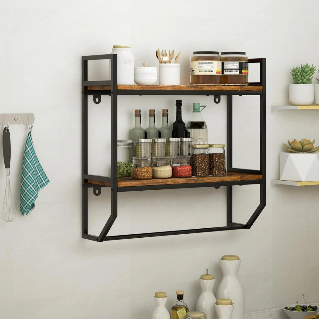 Mensole Bagno a Parete con Barra, Porta Asciugamani e Telaio in Metallo, Scaffale a Muro da Bagno 2 Livelli, Mensole da Muro in Stile Industriale per Soggiorno, Cucina, Marrone Rustico
