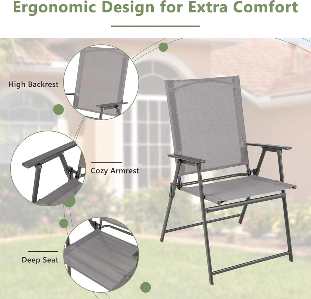 Set di 4 sedie da giardino pieghevoli, con schienale alto e bracciolo, in metallo e tessuto, portata fino a 150 kg, colore: grigio